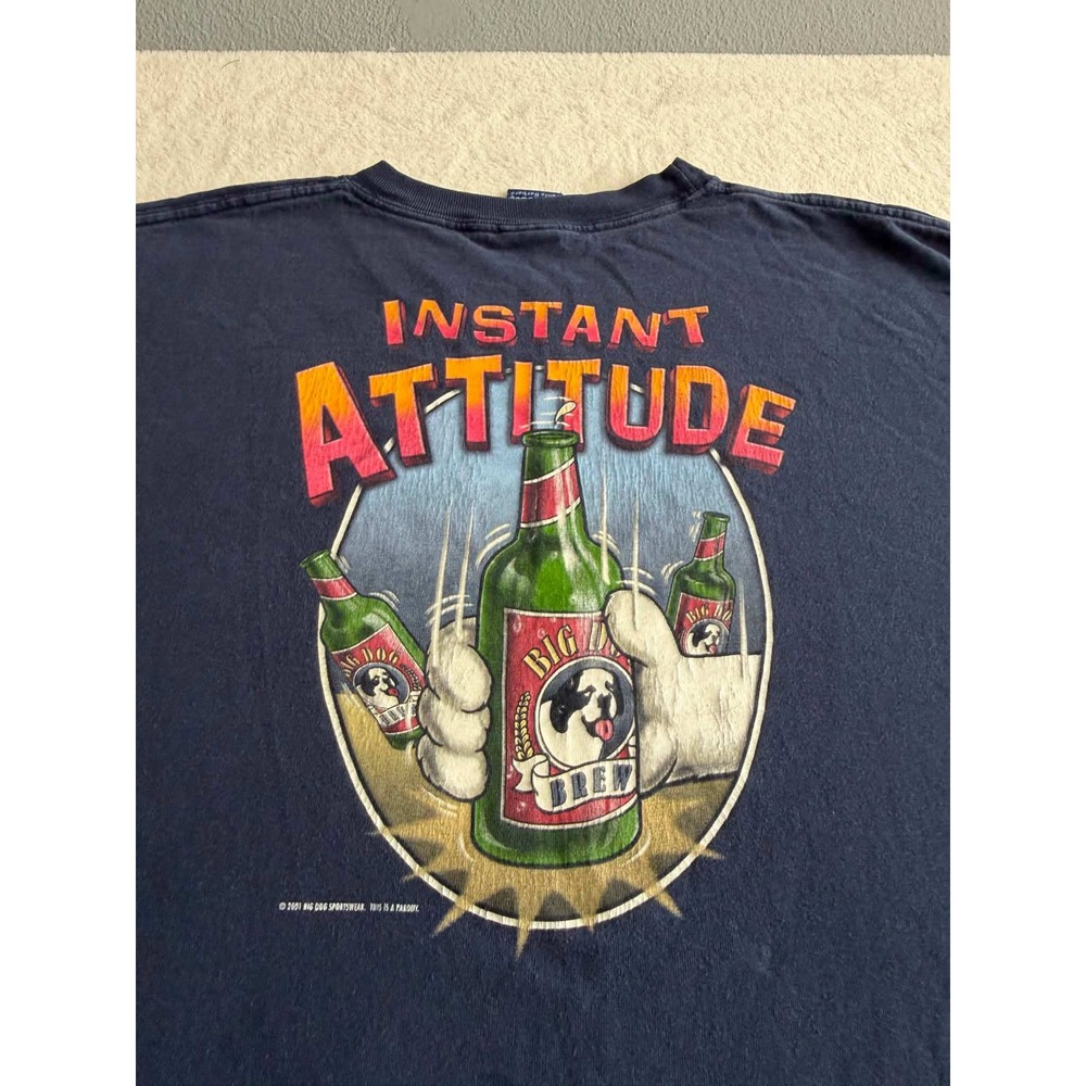 Vtg Big Dogs Mens 2XL Navy Blue Shirt Instant Attitude Beer Parody Vintage 2001